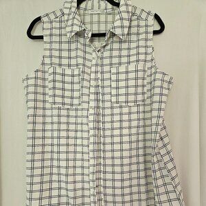 Notations sleeveless checkered collared‎ blouse black white